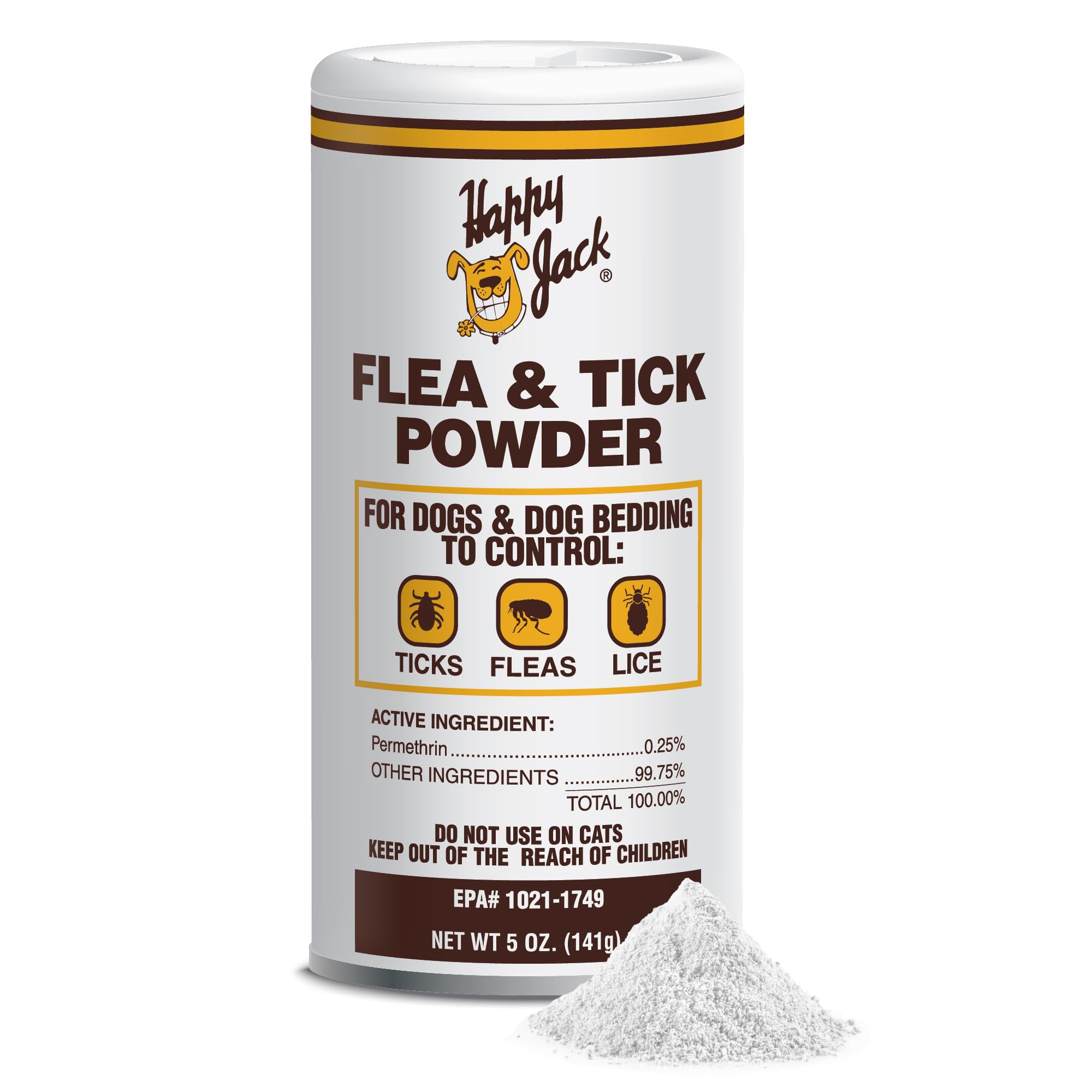 Happy Jack flea tick powder bottle dusting dogs for immediate pest contact kill