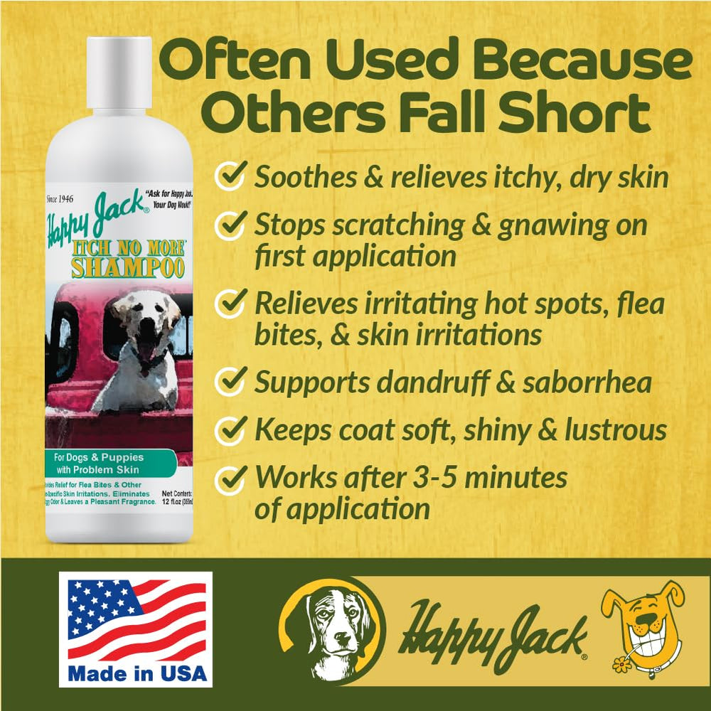 Happy Jack Itch No More foamy application on coat promotes gentle cleansing.