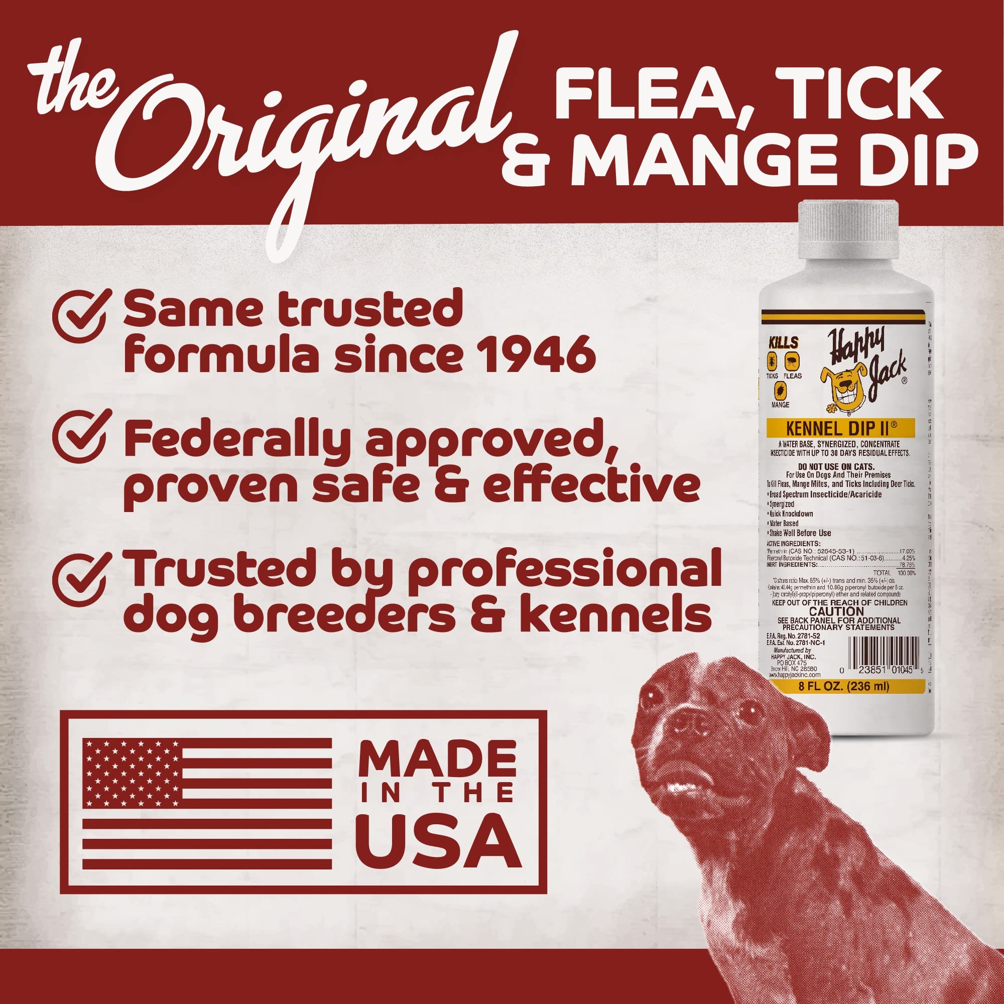 Happy Jack Kennel Dip covers fleas, ticks, and mites for pet protection.