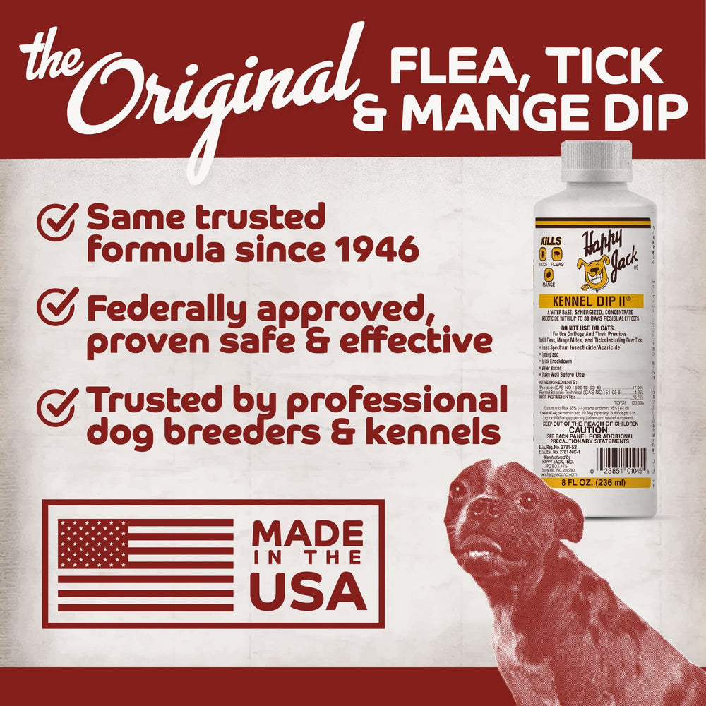 Happy Jack Kennel Dip covers fleas, ticks, and mites for pet protection.
