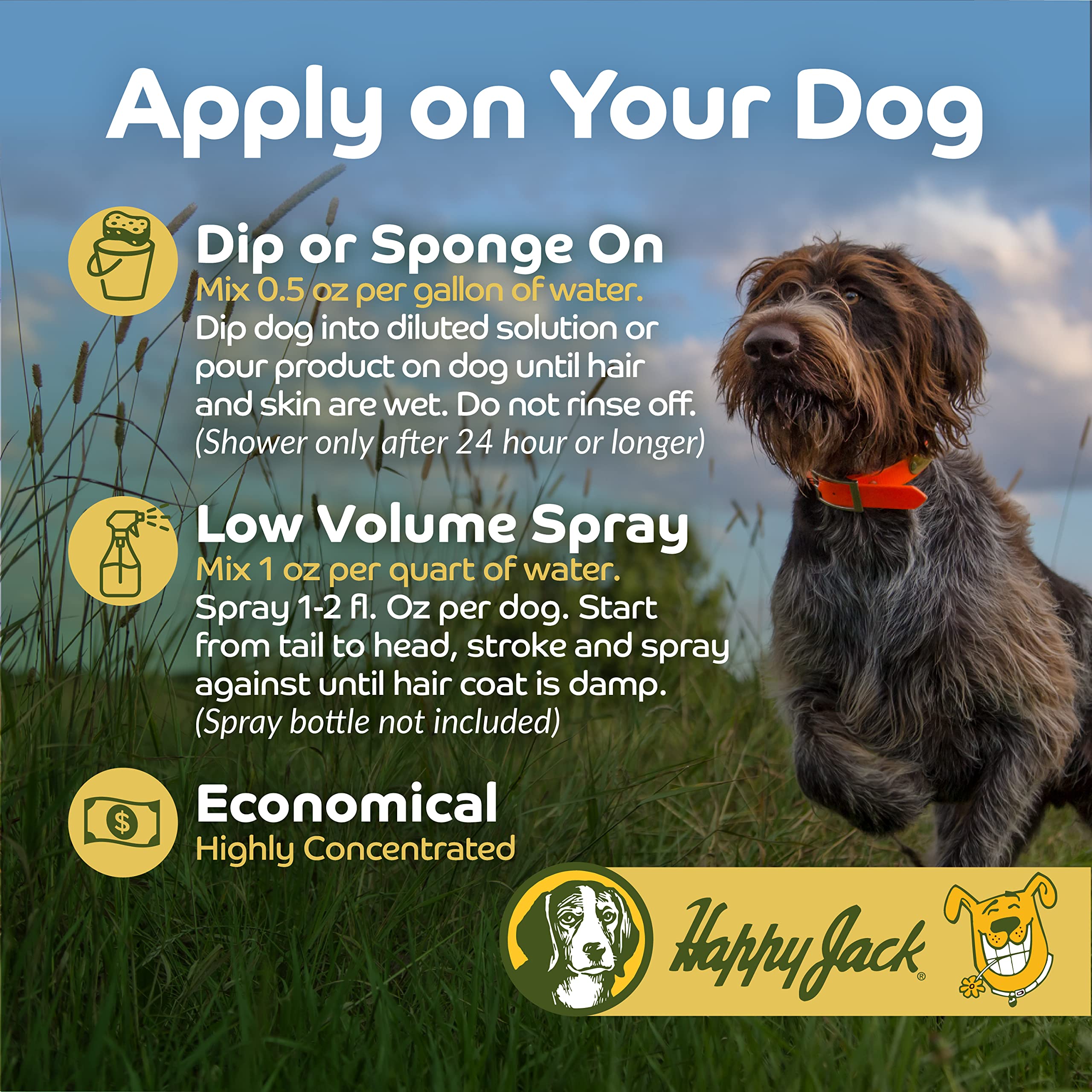 Happy Jack Kennel Dip label shows Made in USA and EPA-reviewed safety.