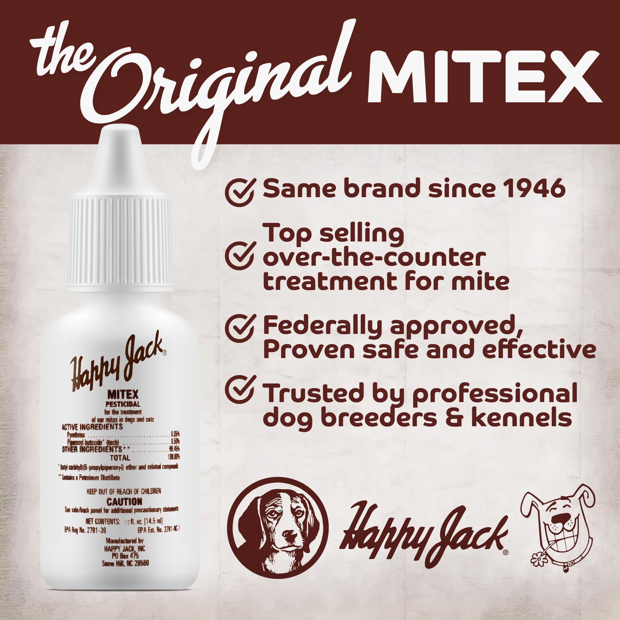 Happy Jack Made in USA stamp on Mitex packaging.