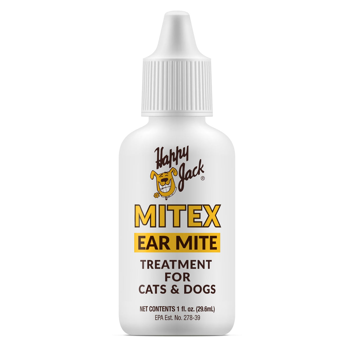Happy Jack Mitex bottle front for at-home ear mite treatment.