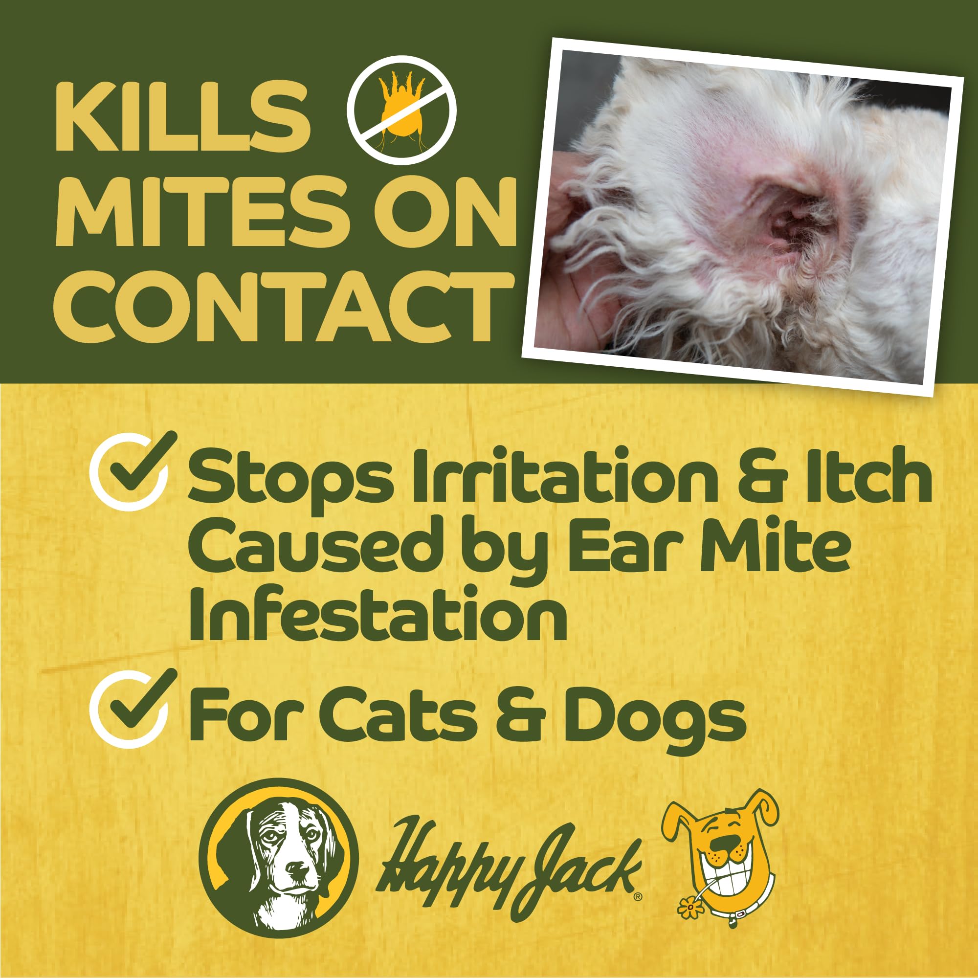 Happy Jack Mitex ear drops being applied for pet ear care.