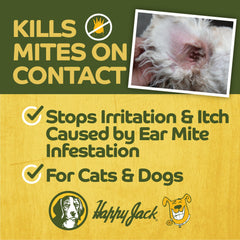 Happy Jack Mitex ear drops being applied for pet ear care.