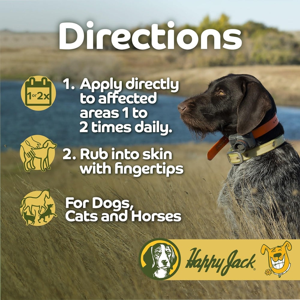Happy Jack Skin Balm closeup on hot spots showing creamy texture for soothing care.