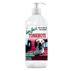 Happy Jack Tonekote bottle pour showing easy dosing for dogs' daily skin support.