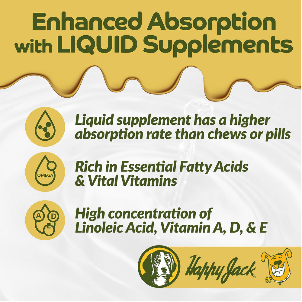 Happy Jack Tonekote-liquid formula close-up emphasizing essential fatty acids and vitamins.