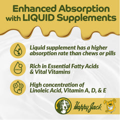 Happy Jack Tonekote-liquid formula close-up emphasizing essential fatty acids and vitamins.