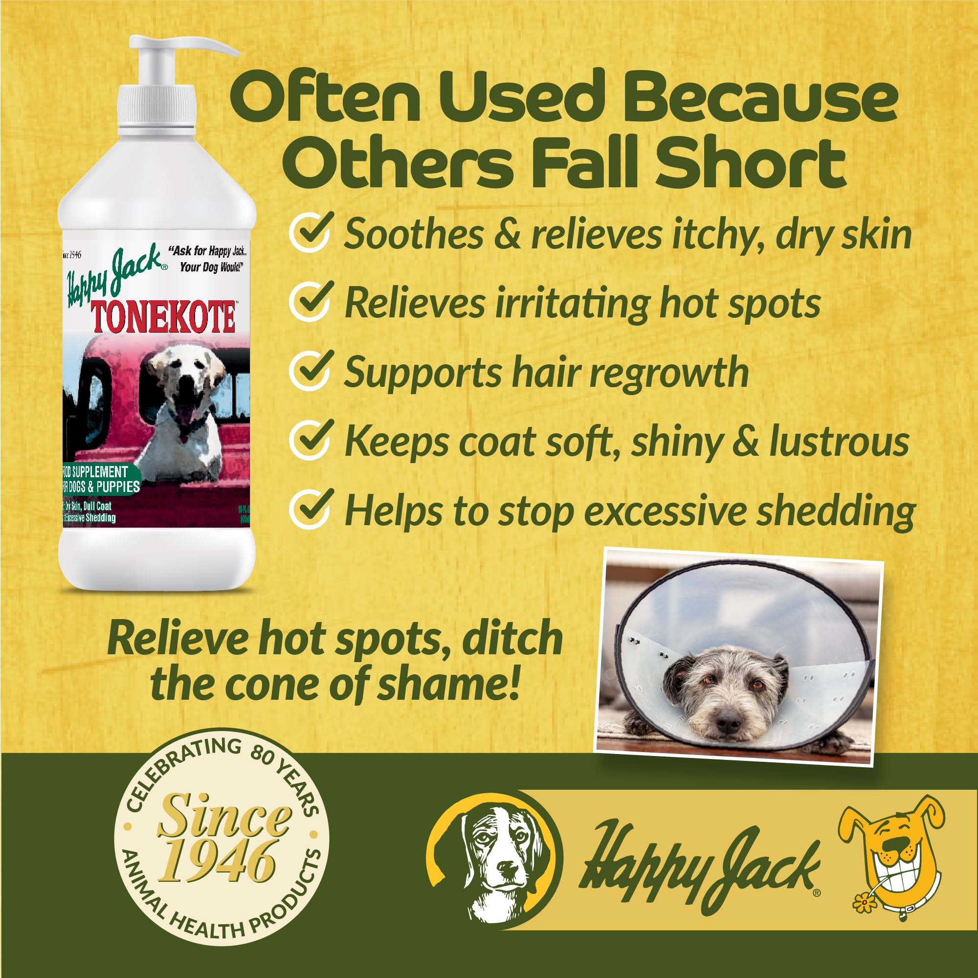 Happy Jack Tonekote pump-on-food illustration highlighting convenient administration for itchy skin relief.
