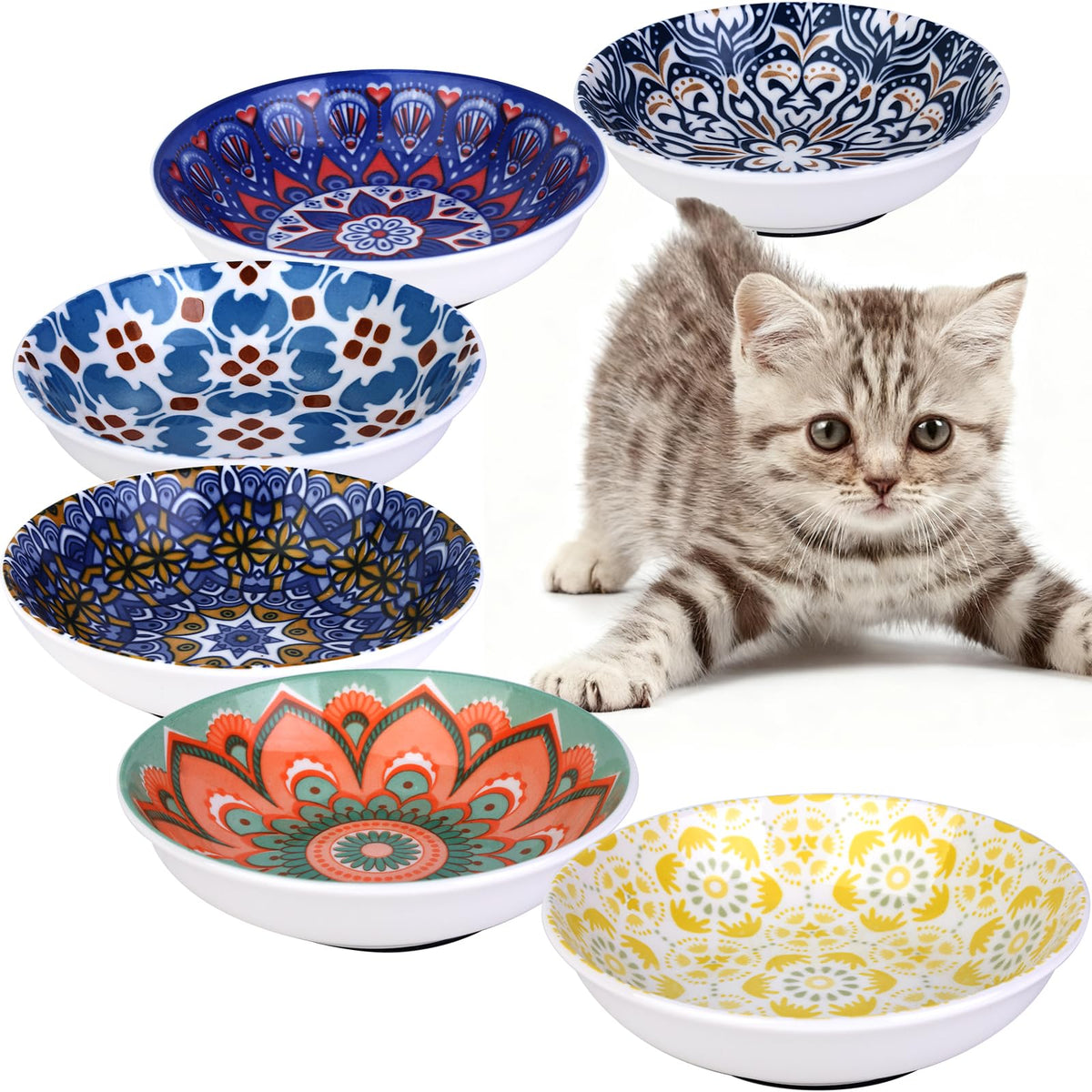 Happy Kit ceramic cat bowls colorful 6-pack anti-slip base for mess-free feeding