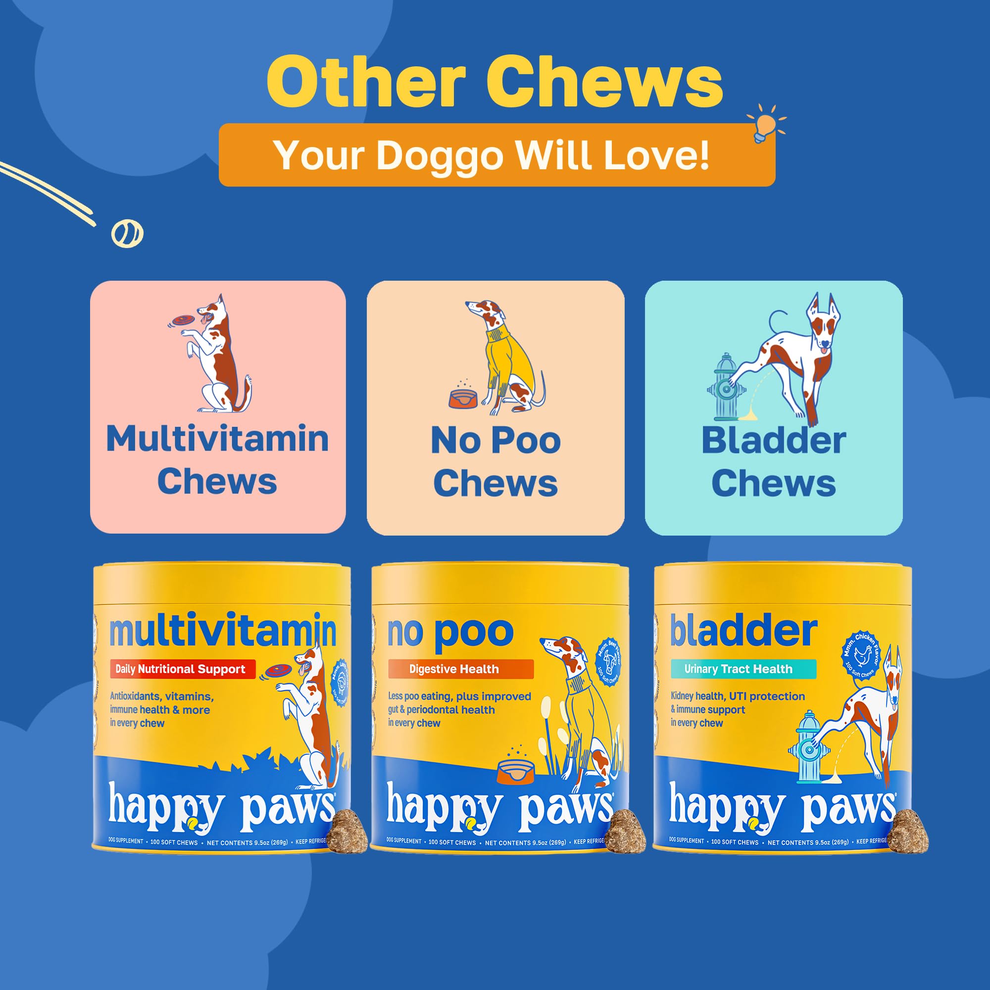 Happy Paws calming chicken flavor bites image highlights tasty, easy-to-take treats during training.