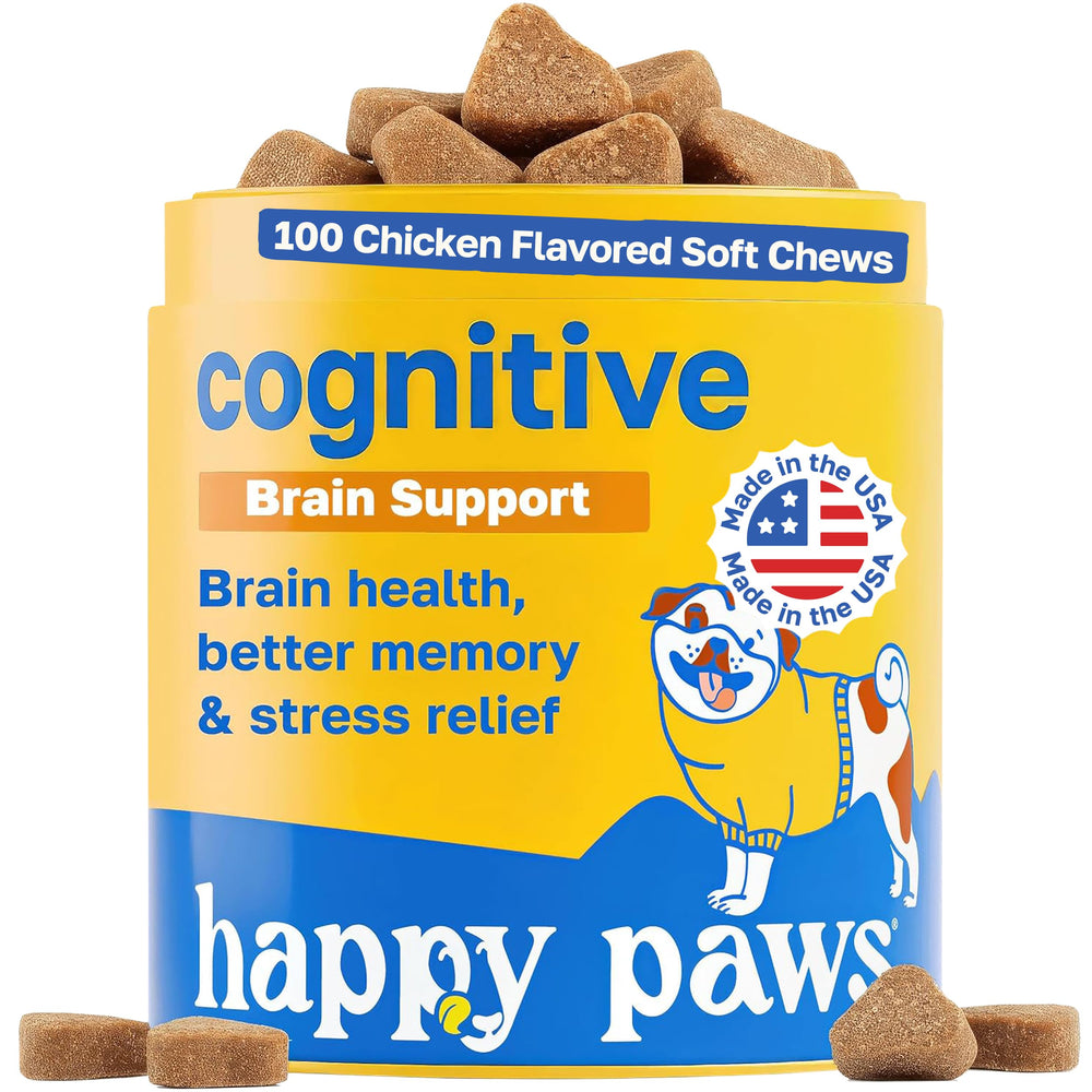 Happy Paws cognitive dog supplement bottle front promotes brain health and daily focus.