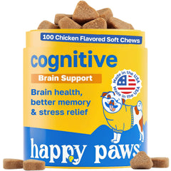 Happy Paws cognitive dog supplement bottle front promotes brain health and daily focus.