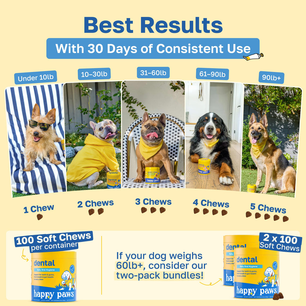 Happy Paws Dental Soft Chew in daily routine—easy for feeding with kibble or as a treat.
