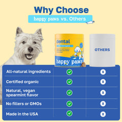 Happy Paws Dental Soft Chew kelp and spirulina—natural support for daily oral wellness.