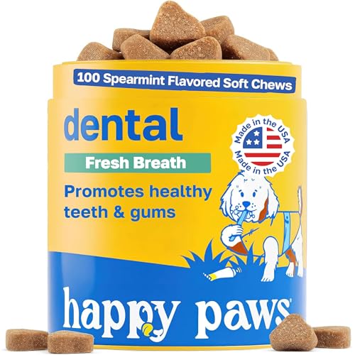 Happy Paws Dental Soft Chew packaging shows an easy daily oral care jar for dogs.