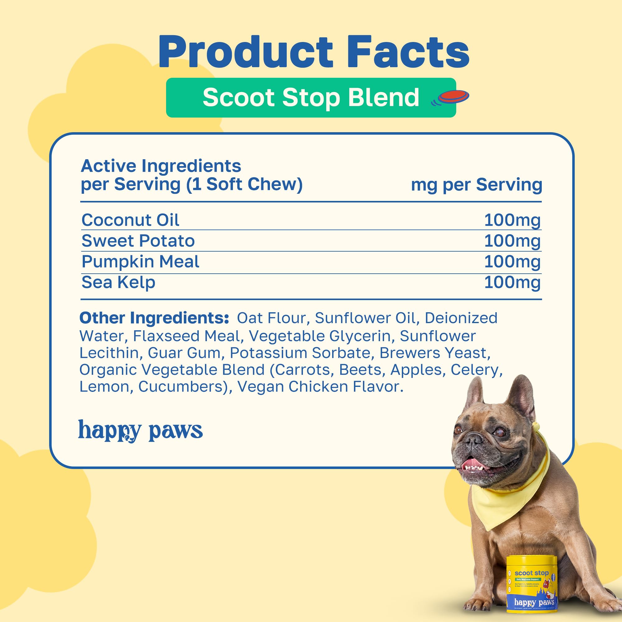 Happy Paws Scoot Stop 100-chew jar demonstrates convenient daily dosing for comfort.