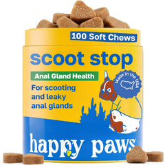 Happy Paws Scoot Stop bottle closeup shows daily digestive support.