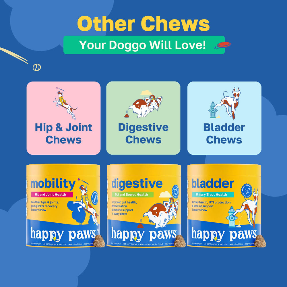 Happy Paws Scoot Stop sea kelp inclusion in chews supports balanced digestion.