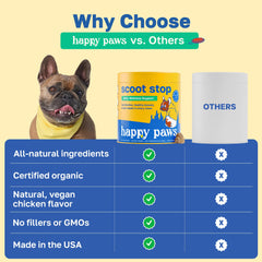 Happy Paws Scoot Stop vegan-chicken flavor closeup emphasizes tasty daily treat.