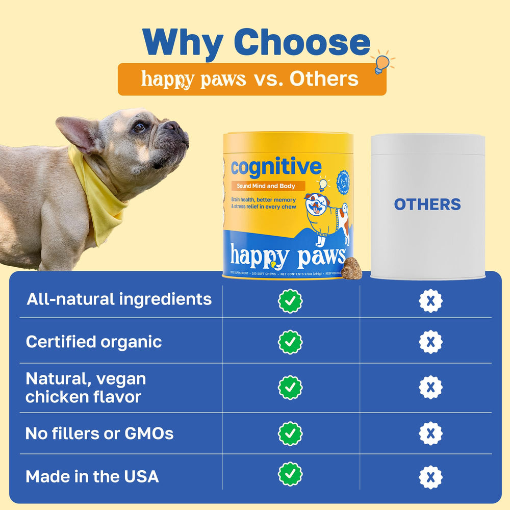 Happy Paws taurine spirulina coq10 ingredients closeup signals premium brain and heart support.
