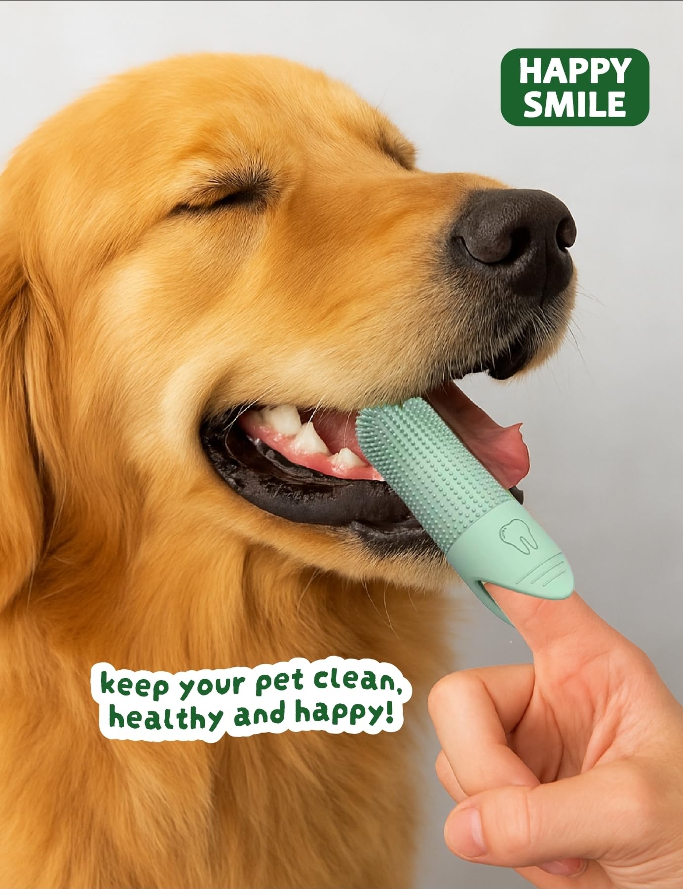 Happy Smile 360° finger-fit adjustable brush for secure brushing.