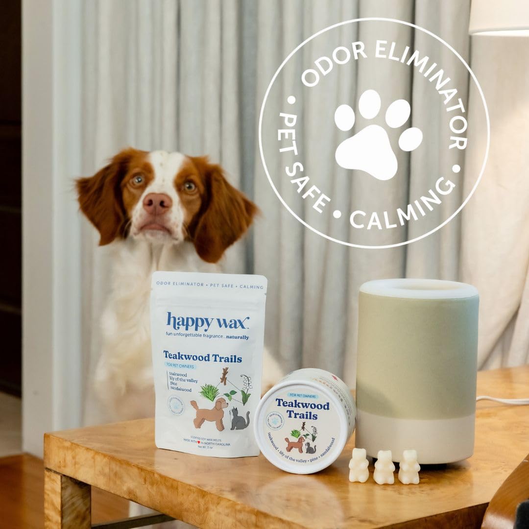 Happy Wax Teakwood Trails image highlights pet-safe, paraben-free formula for worry-free use