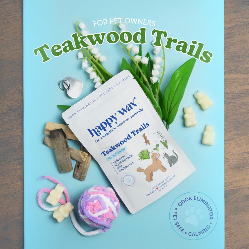 Happy Wax Teakwood Trails close-up demonstrates odor elimination for pet homes