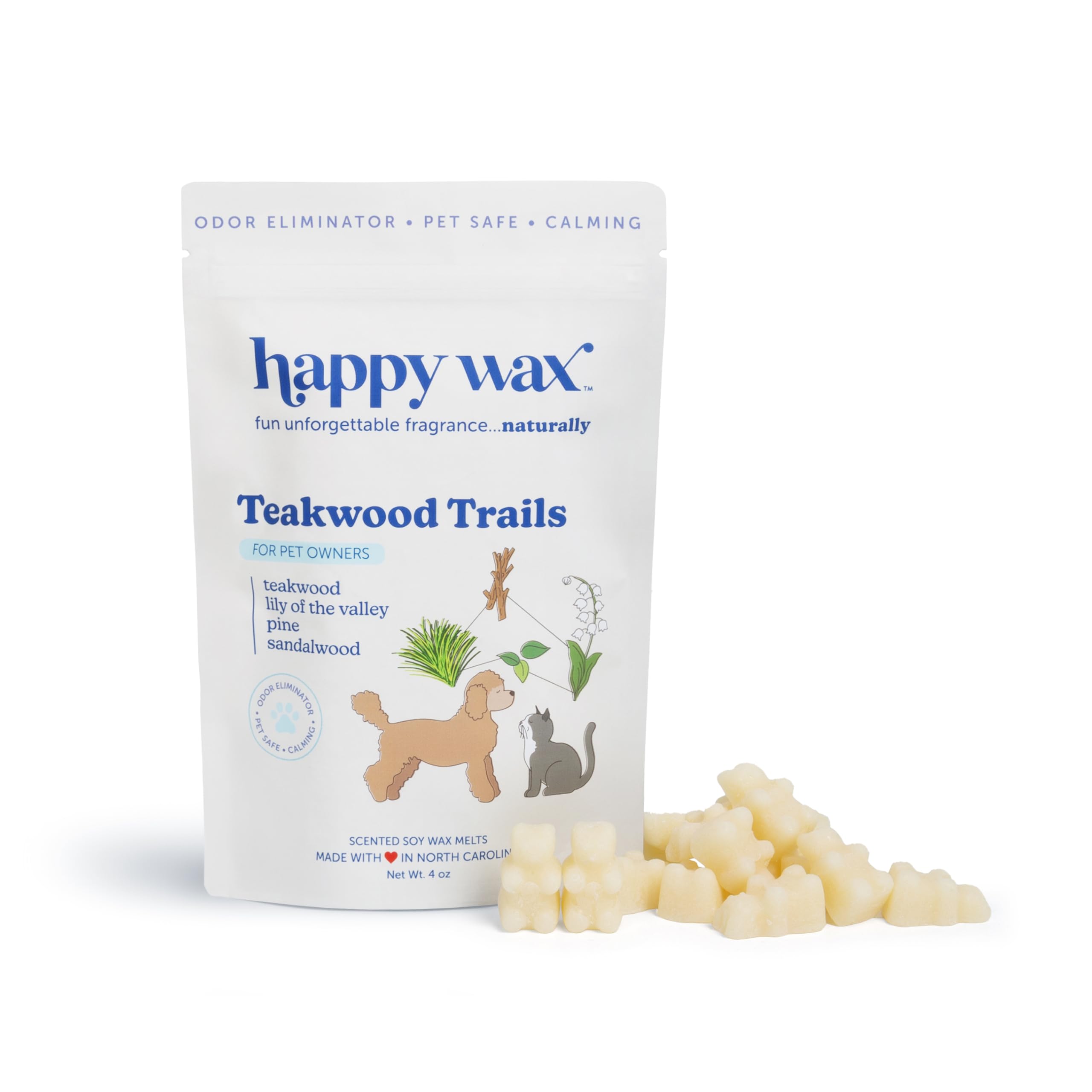 Happy Wax Teakwood Trails bears packaging shows a long-lasting pet-safe scent