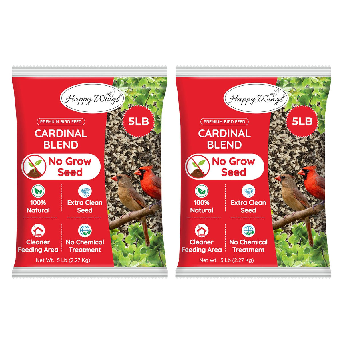 Happy Wings Cardinal Blend packaging shows vacuum-sealed bags preserving freshness