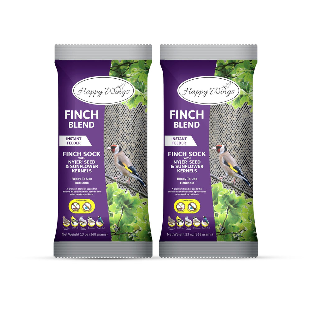 Happy Wings Finch Blend prefilled sock for quick backyard feeding.