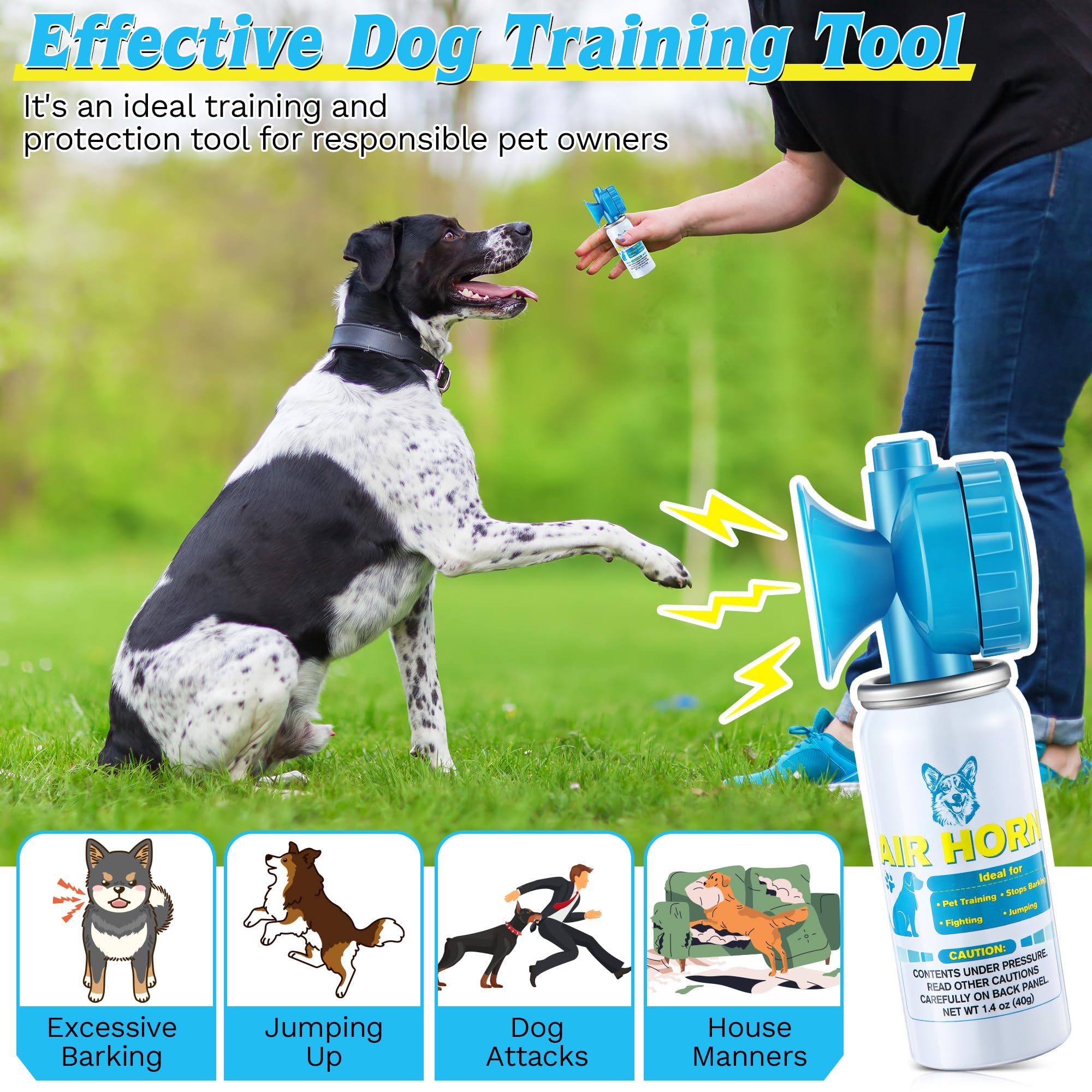 HappyAlley air horn-dog-training-tool illustrates effective behavioral redirection without harm.
