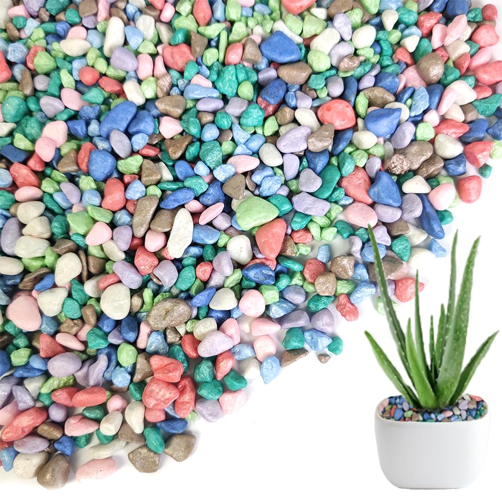 HappyFiller colored pea gravel jar closeup with pearlescent stones for decor.
