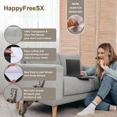 HappyFreeSX cat scratch tape shows transparent adhesive blends with decor for discreet protection.