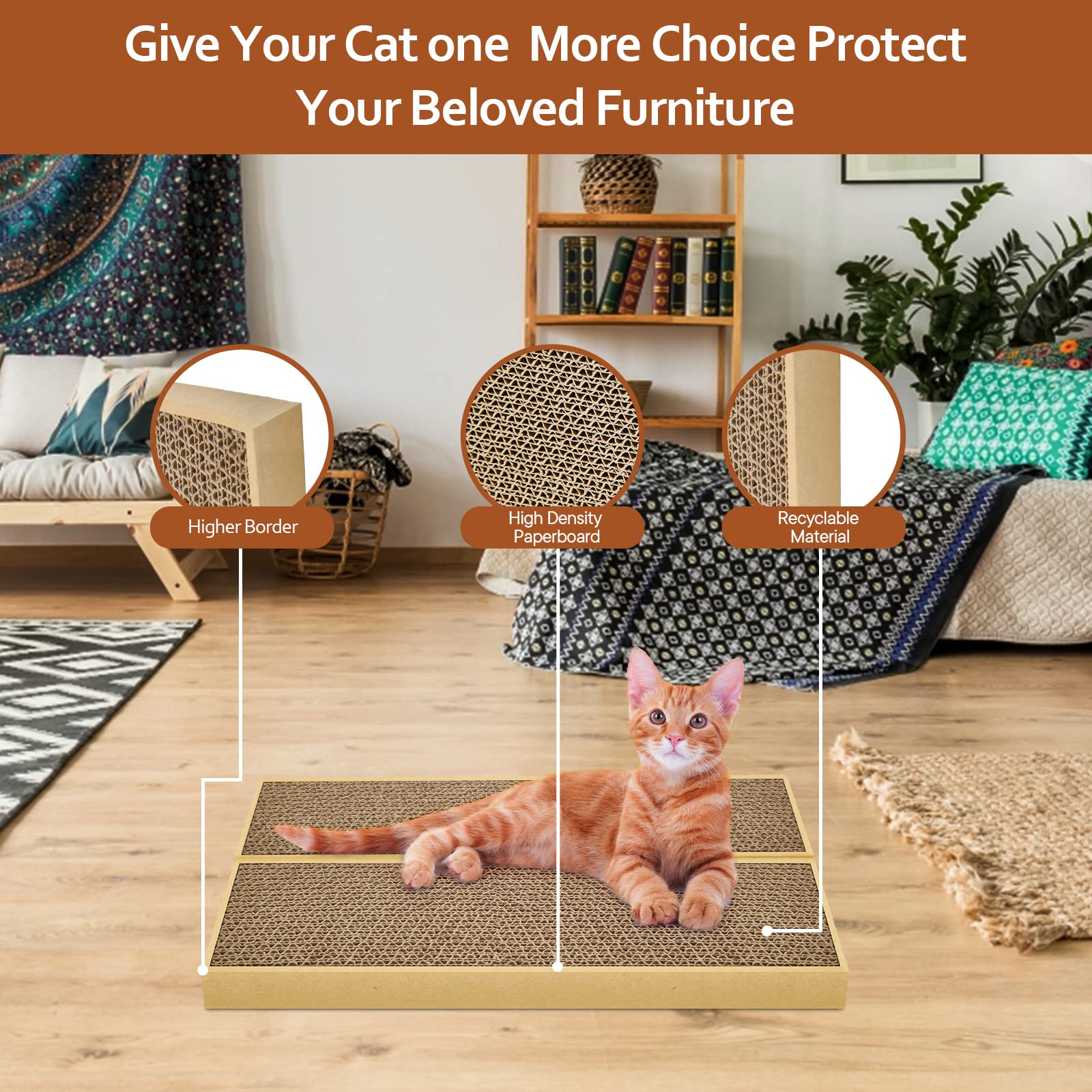 HappyFreeSX durable corrugated cardboard texture conveys strong, long-lasting scratching surfaces.