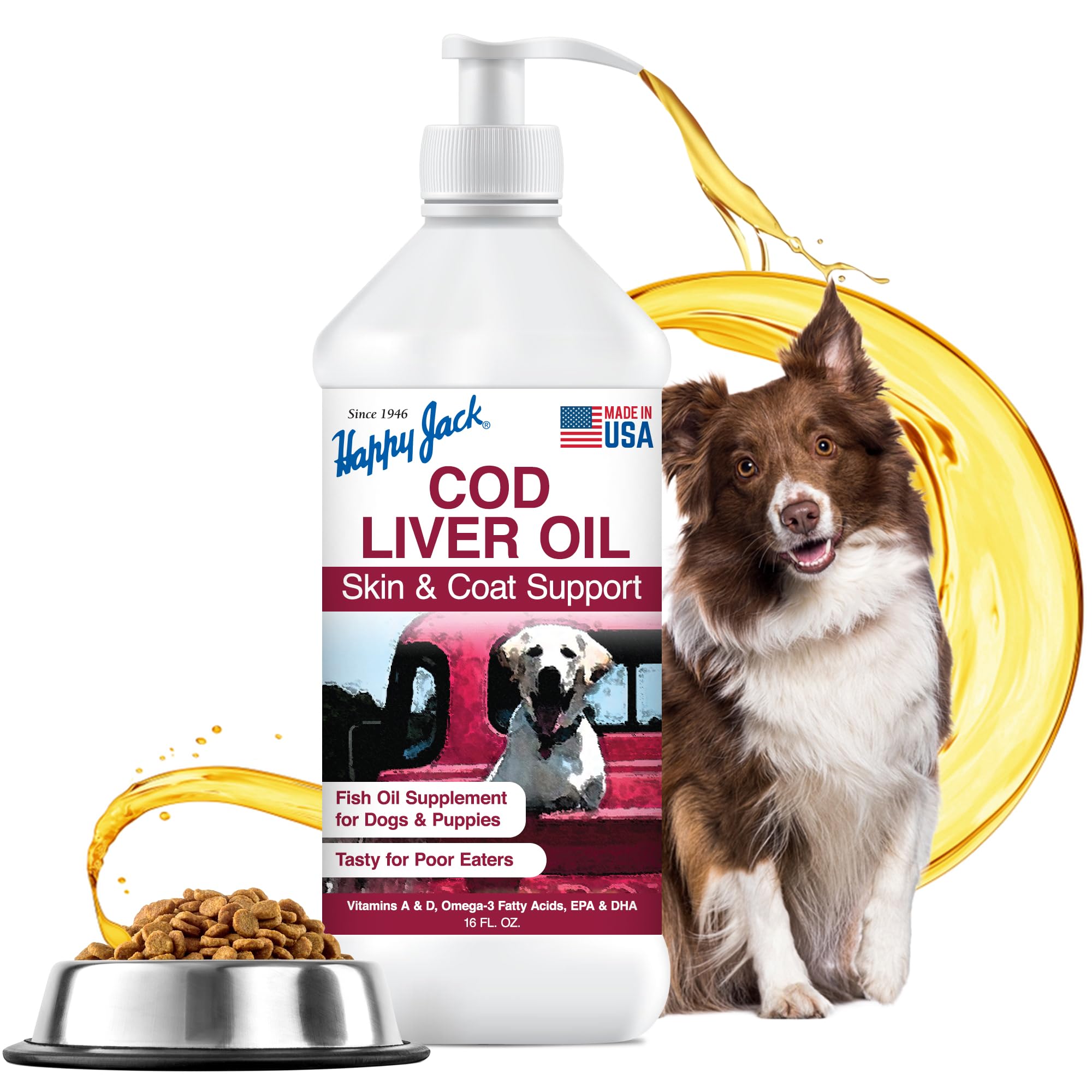 Happy Jack Cod Liver Oil bottle for dogs supports healthy skin and shiny coats.