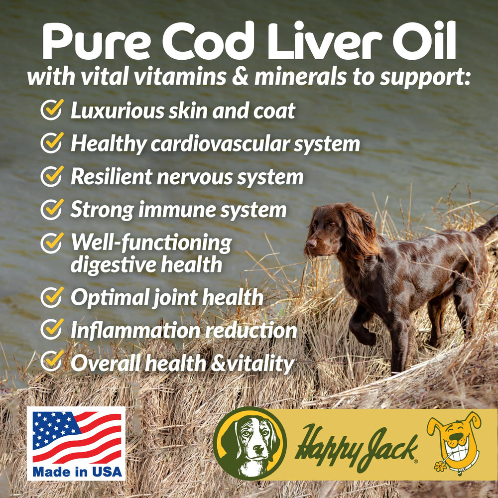 Happy Jack Cod Liver Oil with no-mess pump enables easy daily dosing for dogs.