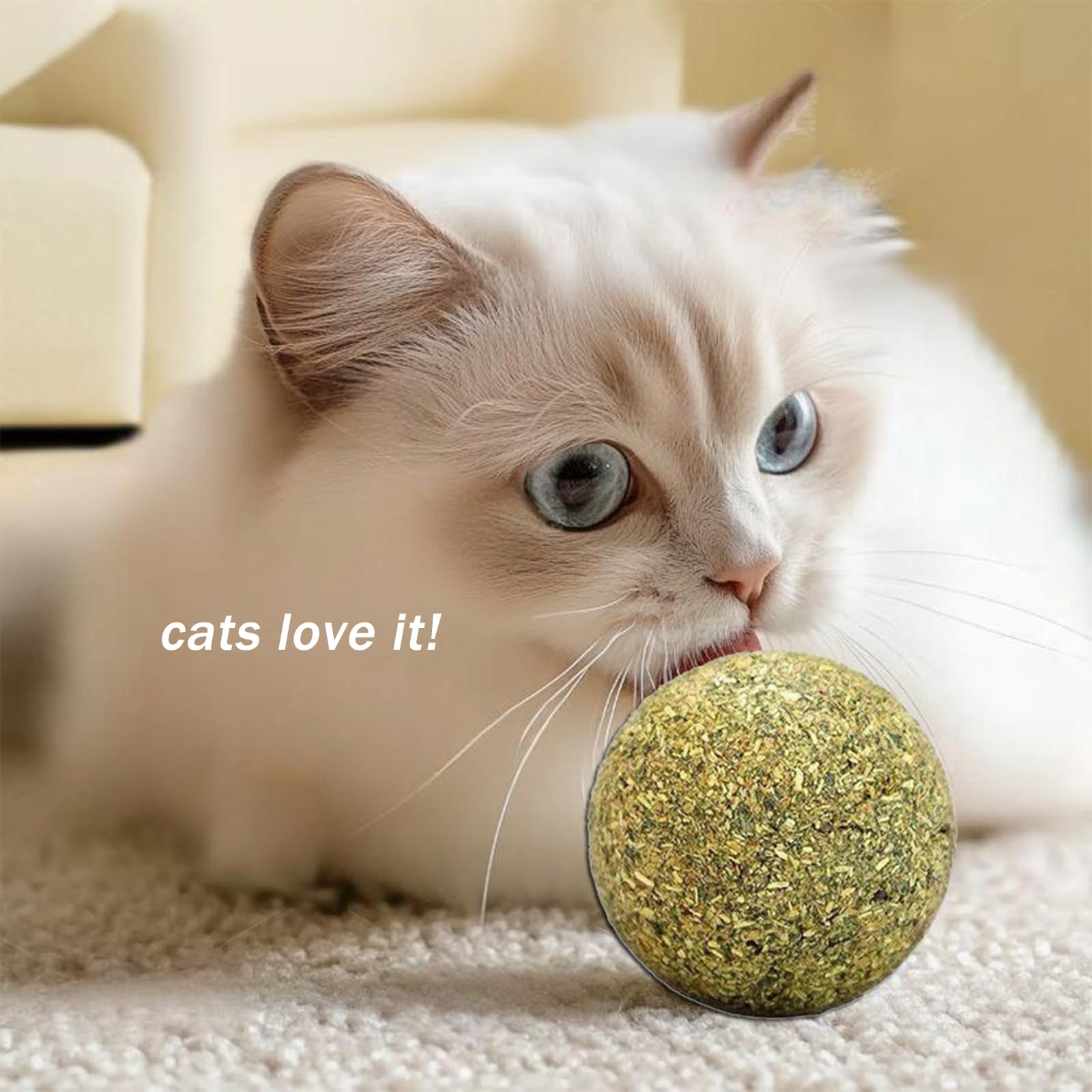 Happylain catnip ball with cat demonstrates stimulated instincts and energy