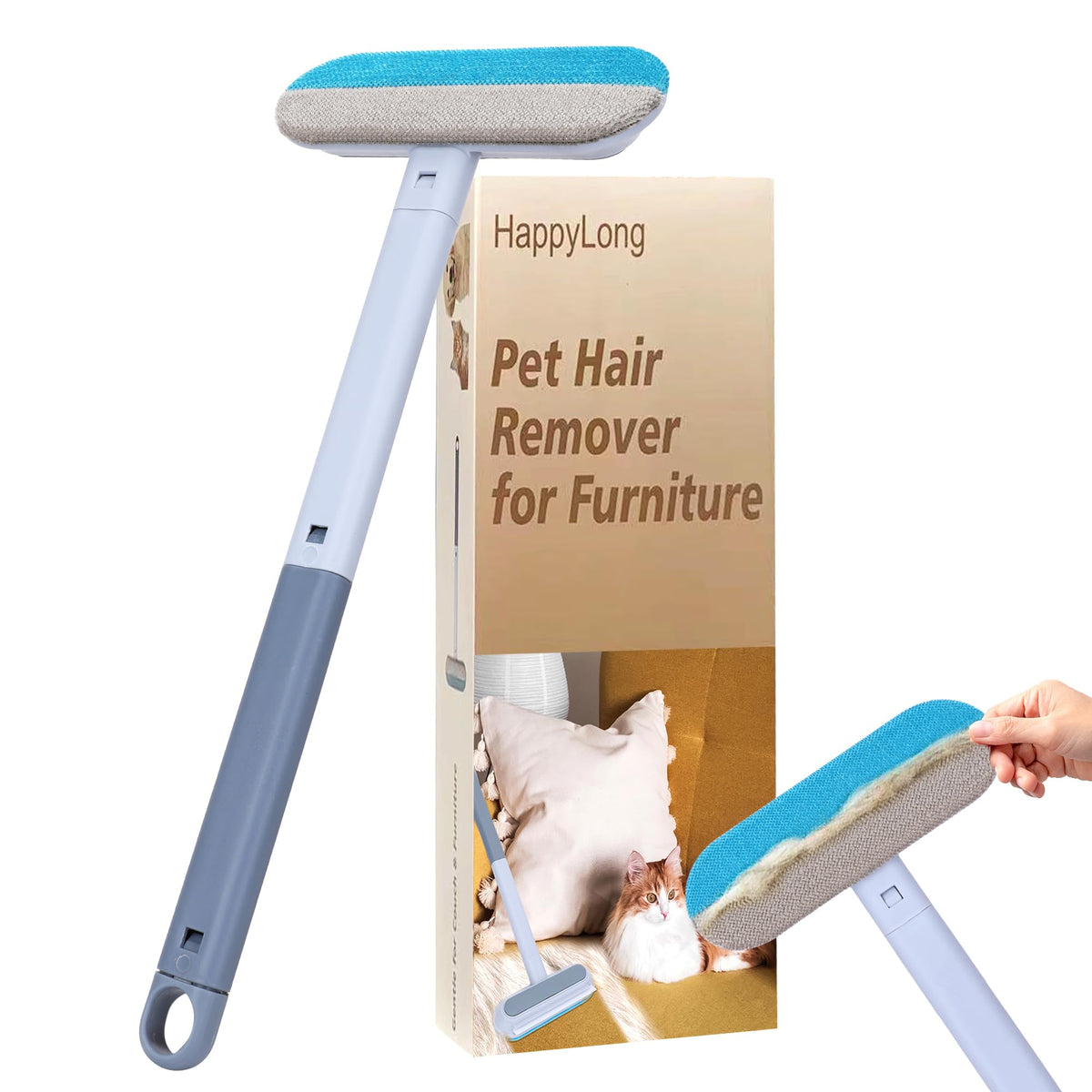 HappyLong pet hair remover with 17-3inch handle for easy, back-friendly upholstery cleaning.