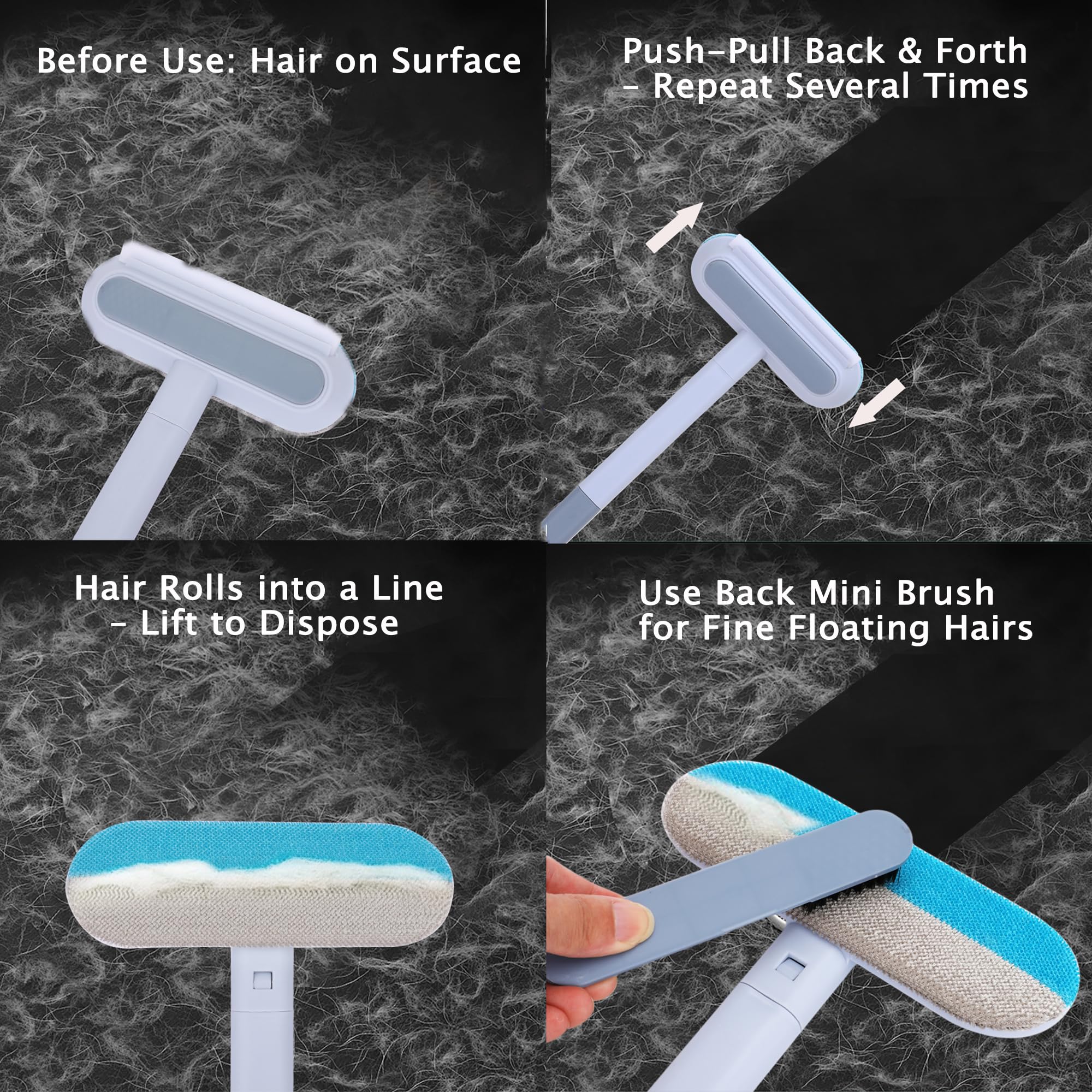 HappyLong pet hair remover hidden tail brush targets embedded hairs in seams.