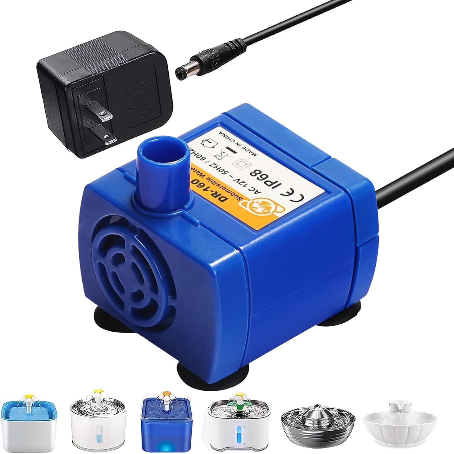 Happypapa pet fountain pump side view shows compact design for quiet operation.