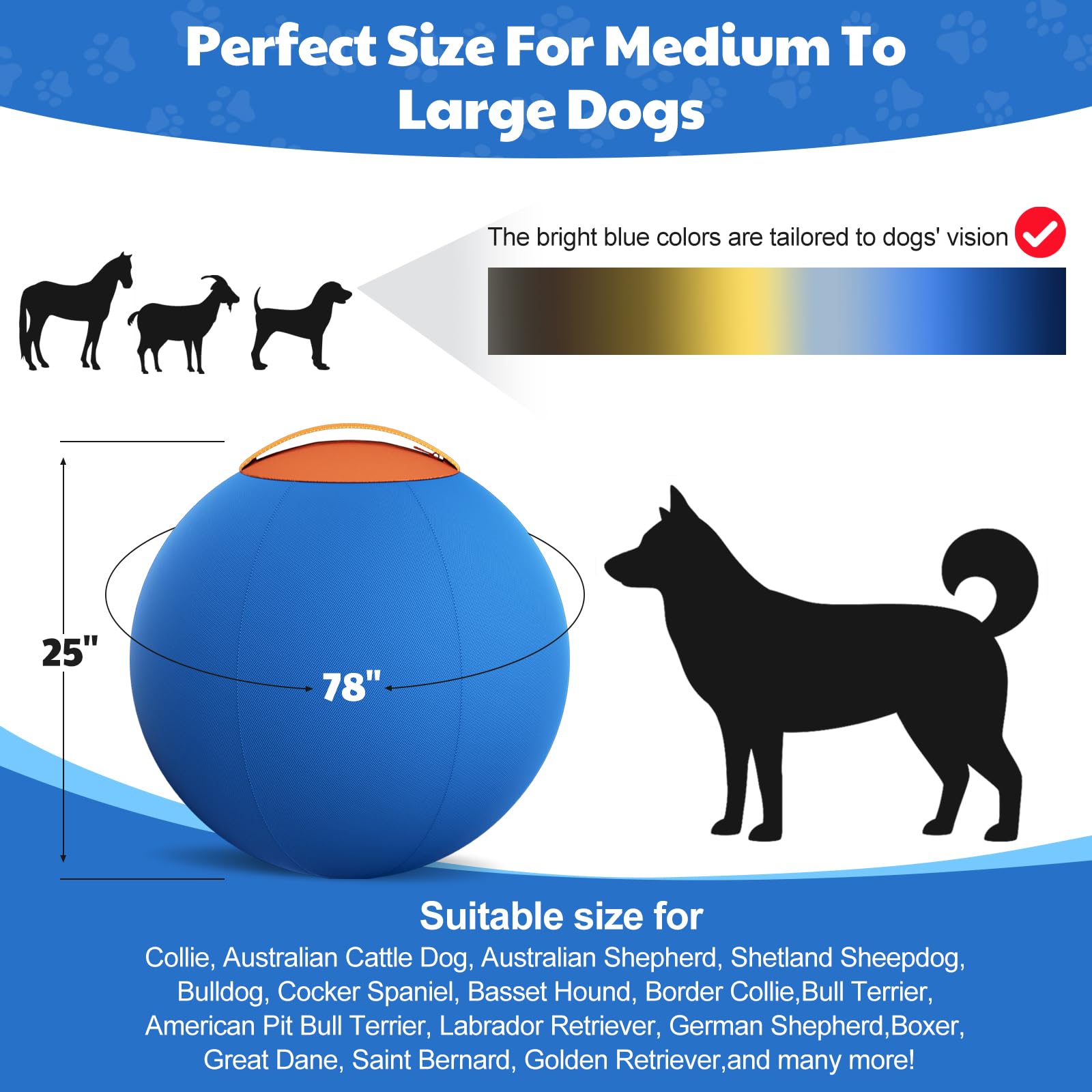 Happypaw 25inch Herding Ball high-contrast colors improve visibility during play.