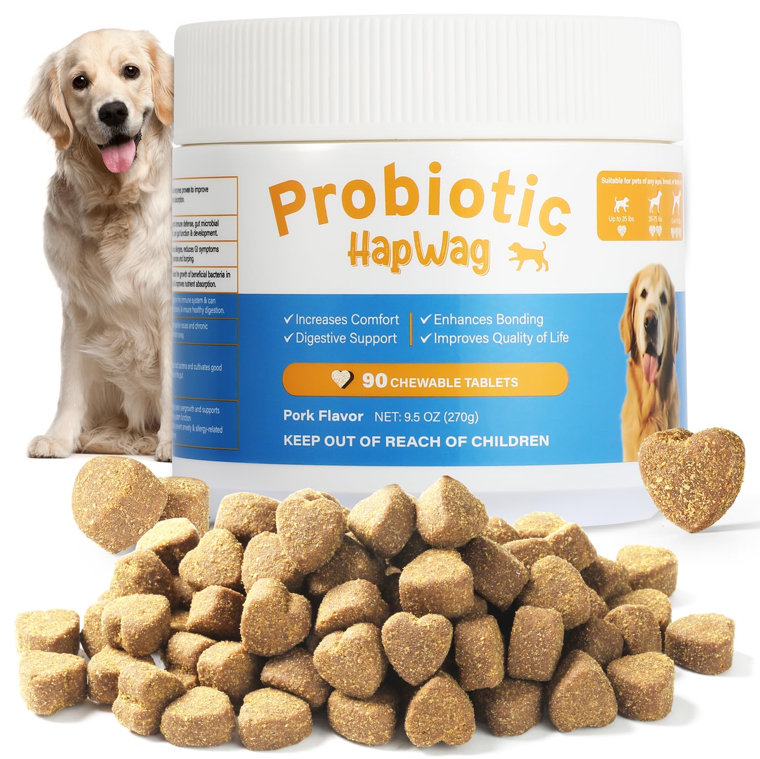 HAPWAG dog allergy relief chews packaging highlights pork flavored probiotic chew for daily gut health.