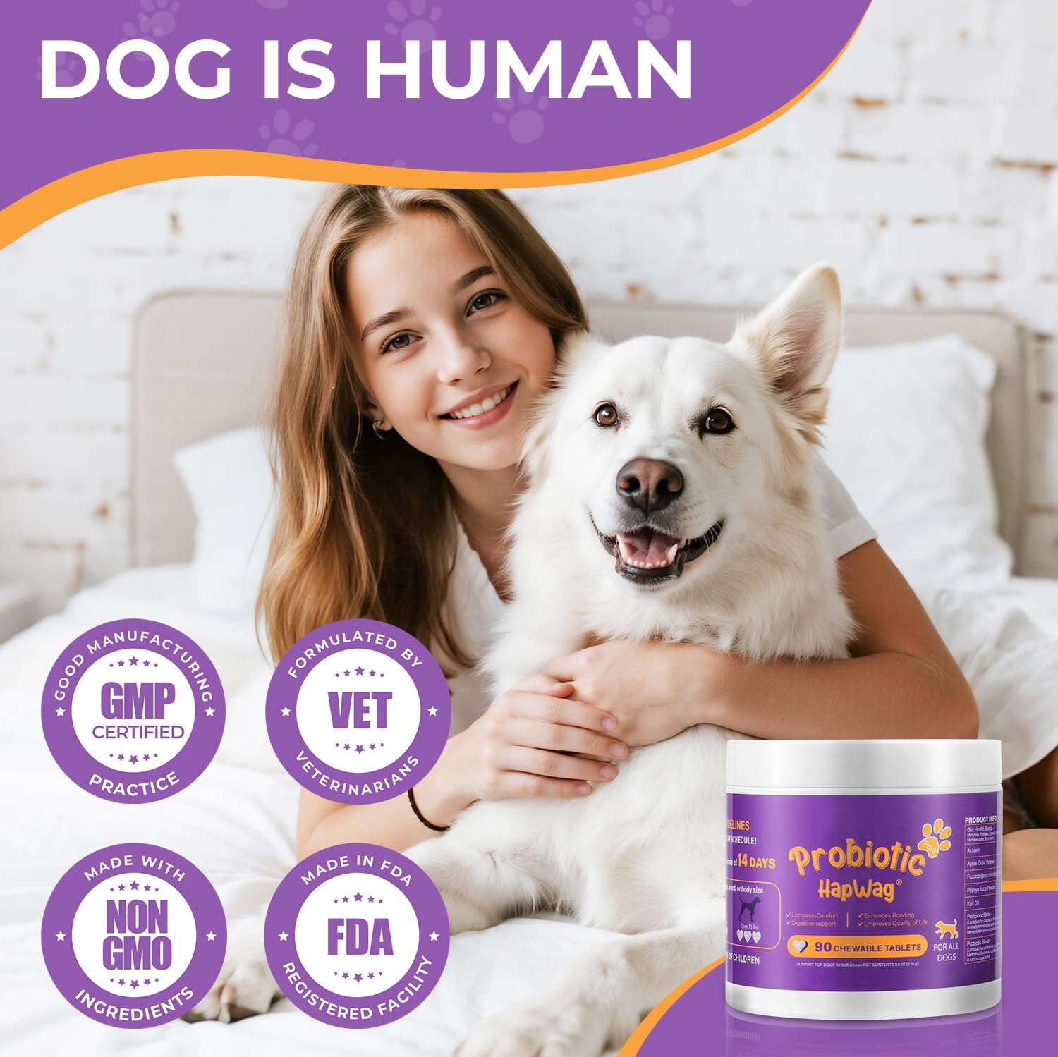 HAPWAG probiotics-all-breeds-bottle-closeup: safe, all-breed probiotic bottle shown for aging dogs.
