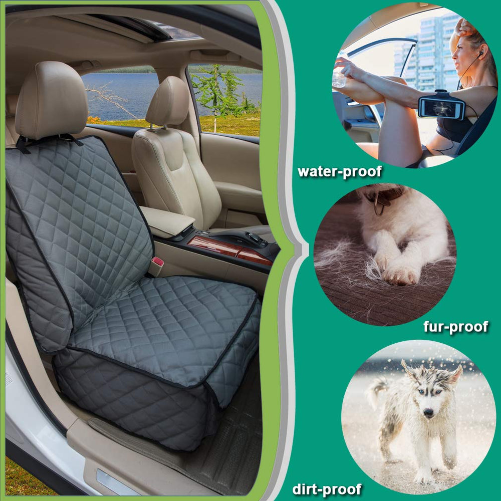 HAPYFOST front-seat cover shows side flaps guarding seat edges during travel.