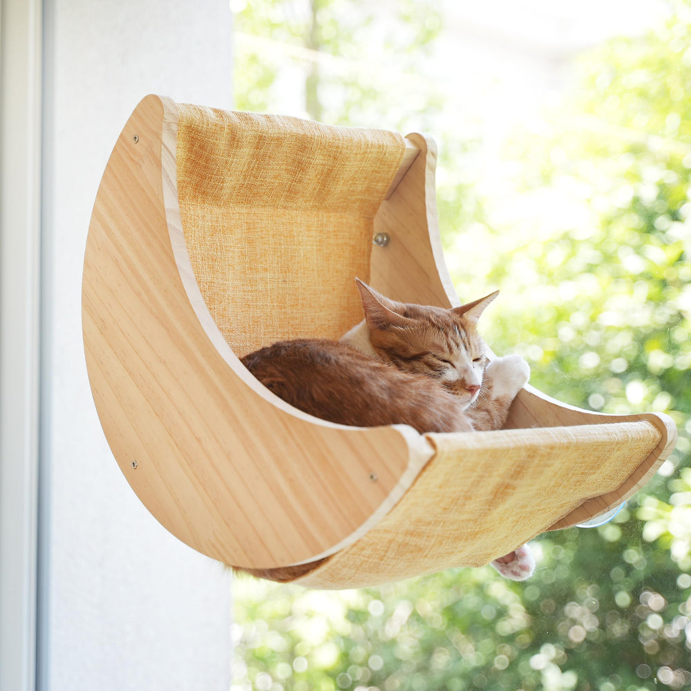 HAPYKITYS window cat bed moon perches left view — sunlit nap spot for curious cats.