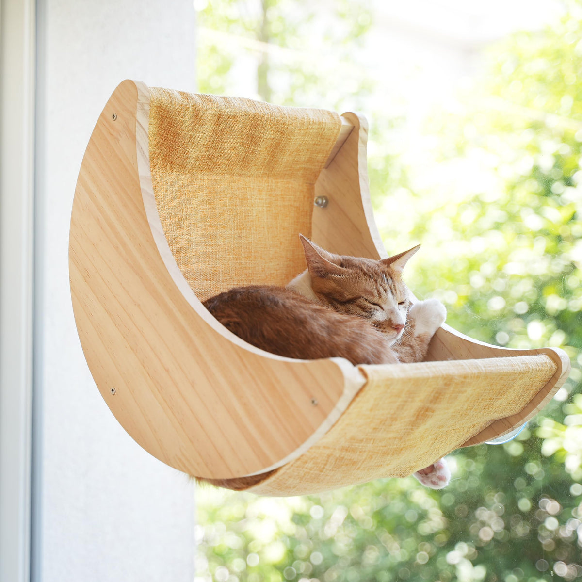 HAPYKITYS window cat bed moon perches left view — sunlit nap spot for curious cats.