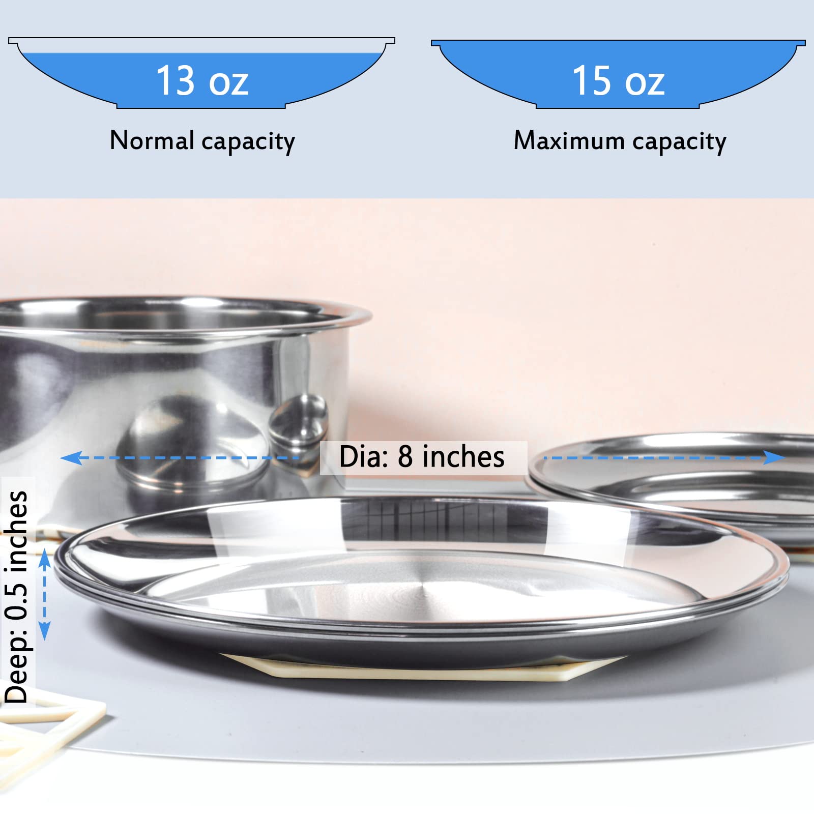 Harhana eight-inch diameter stainless steel dishes offer comfortable space for food and water.