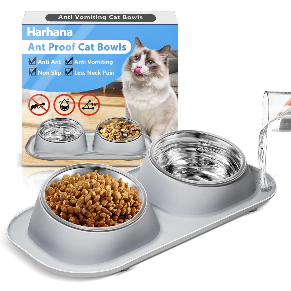 Harhana Ant Away tilted-stand bowls showing elevated dining for easier access and neck comfort.